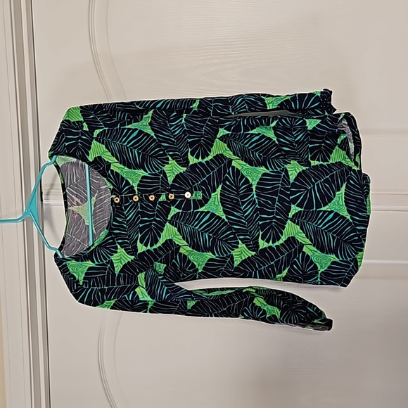 Lilly Pulitzer Womens Porter Shirt Green Blue Under The Palms Henley Size Small - Picture 1 of 10